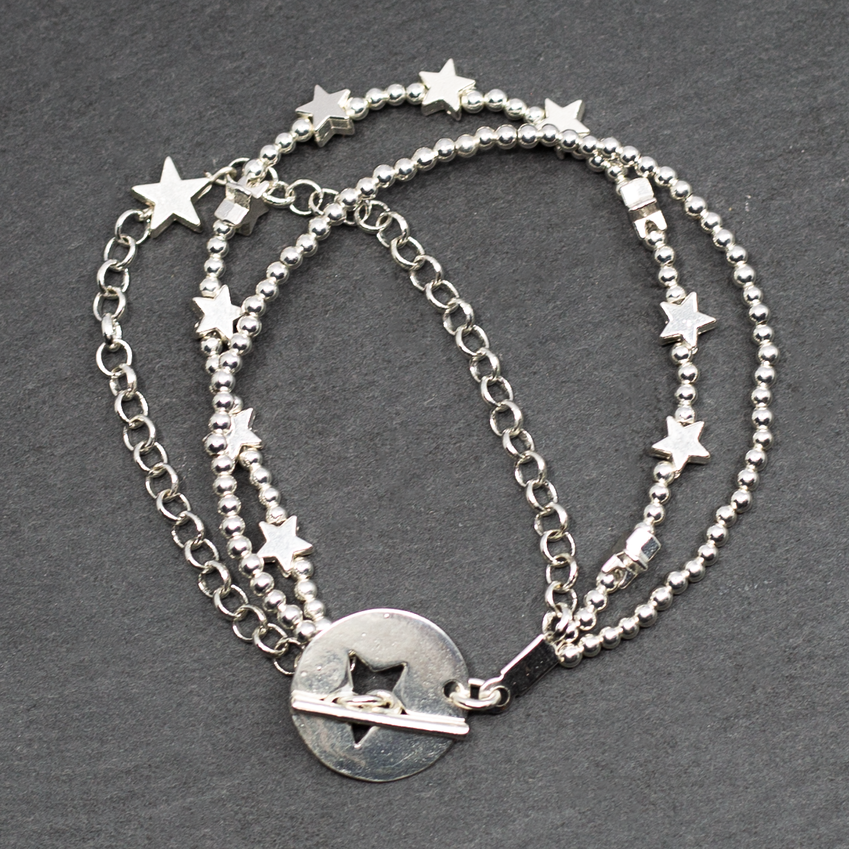 Silver Star Charm Bracelet - Multi Strand with T-Bar Clasp - Shopthatapp.ca