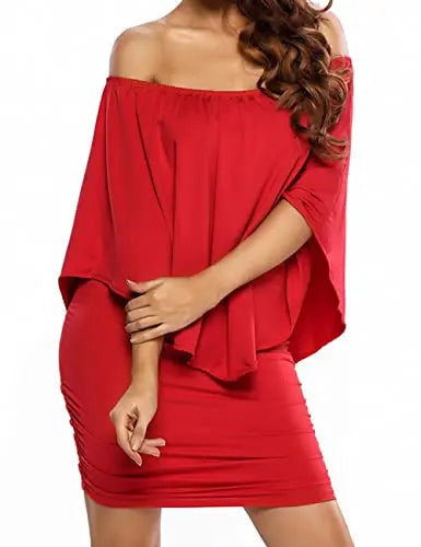 Elegant black ADEWEL women's off-shoulder layered cocktail dress, mini party dress with a sexy, stylish design.
