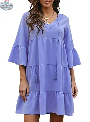 Elegant AILUNSNIKA women's long sleeve mini dress with a V-neck, flowy solid-color fabric, perfect for stylish, comfortable wear.