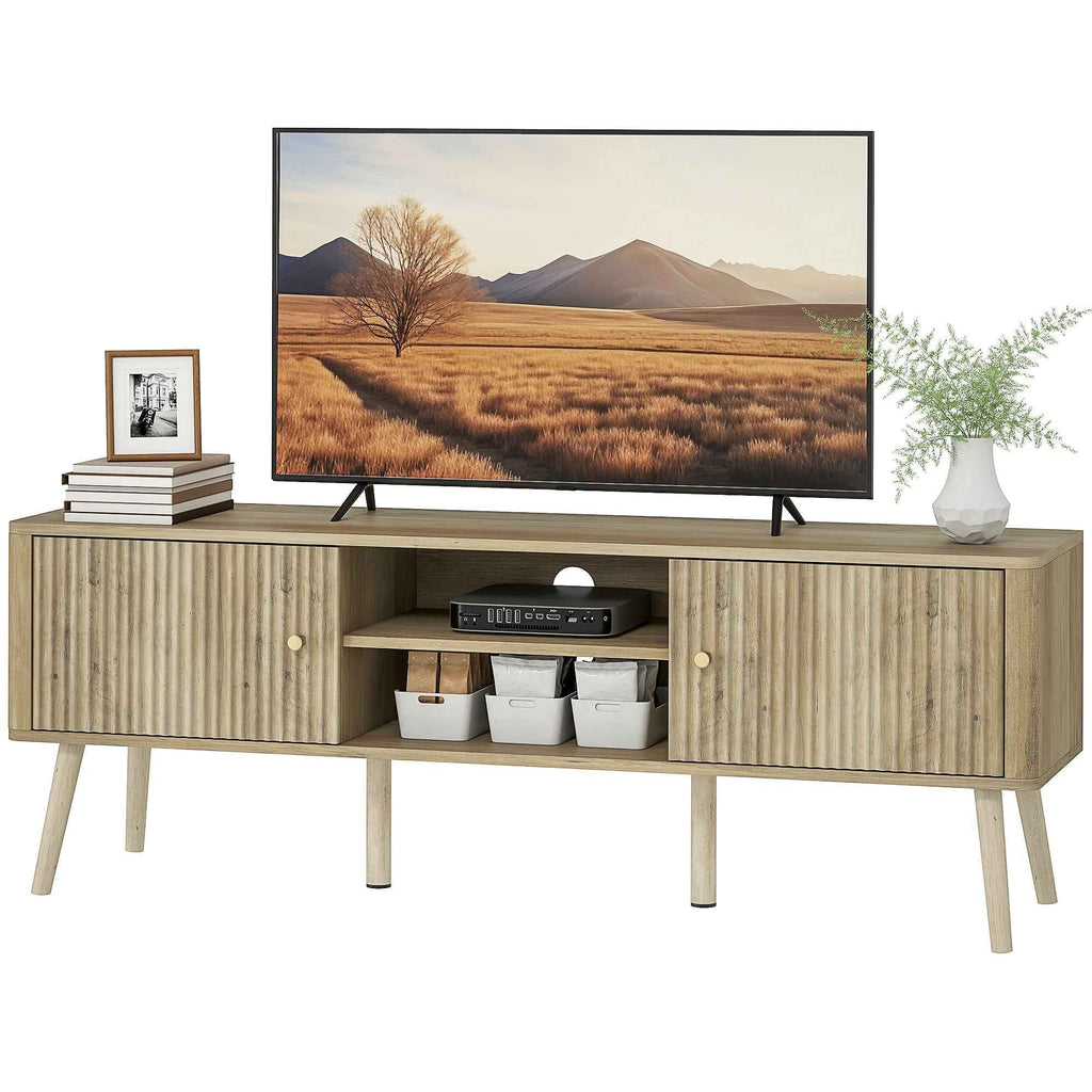 Birch TV Stand for Televisions up to 65" with Adjustable Shelves and Pine Wood Legs-Oak