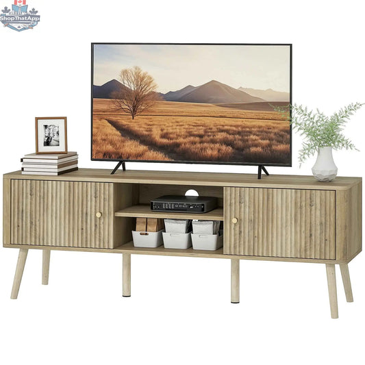 SLOTH Nation Birch TV stand for 65-inch TVs with adjustable shelves and pine wood legs in oak finish.