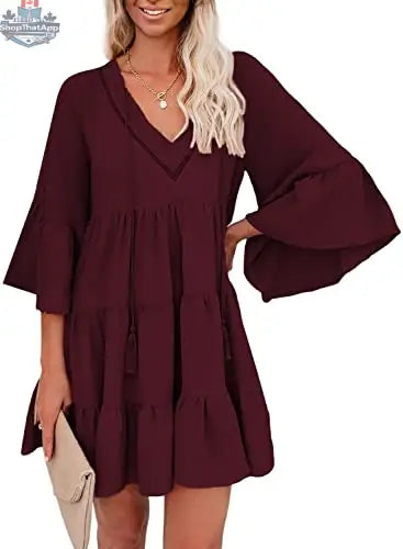 Black AILUNSNIKA women long sleeve mini dress with V-neck, flowy silhouette, solid color, perfect for effortless style and comfort.