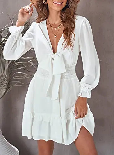 Women's knotted tiered mini dress by AILUNSNIKA featuring a stylish layered design and a casual, feminine silhouette.