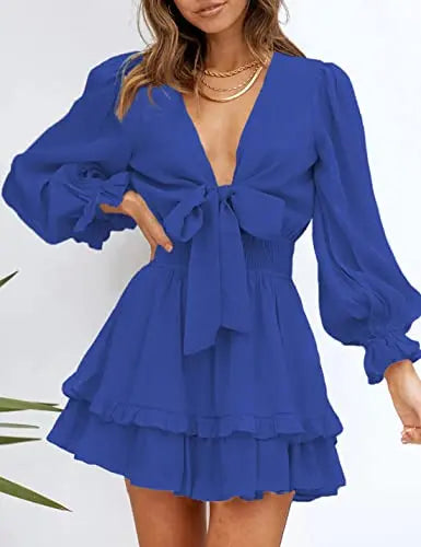 Women's knotted tiered mini dress by AILUNSNIKA featuring a stylish, lightweight design with layered tiers and a knotted neckline.