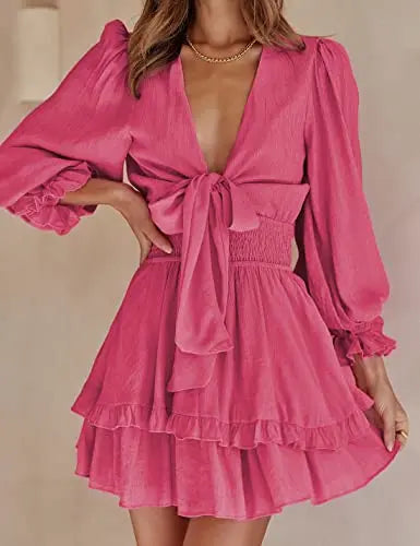 Women's knotted tiered mini dress by AILUNSNIKA featuring a stylish, layered design perfect for casual or summer wear.