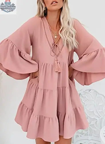 AILUNSNIKA women’s long sleeve mini dress with V-neck, solid color, flowy and elegant for effortless style and comfort.