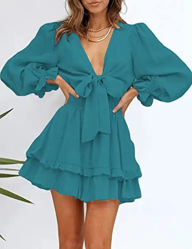 Women's knotted tiered mini dress by AILUNSNIKA featuring a stylish, flowy design and tiered layers for a trendy look.