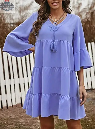 AILUNSNIKA women’s long sleeve mini dress with V-neck, solid color, flowy and elegant for effortless style and comfort.