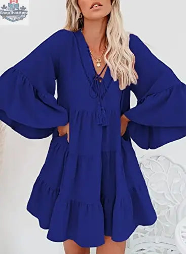 AIUNSNIKA women long sleeve mini dress with V-neck, solid color, flowy silhouette, elegant and comfortable for stylish occasions.