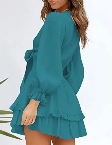 Women's knotted tiered mini dress by AILUNSNIKA featuring a stylish, layered design perfect for casual or summer wear.