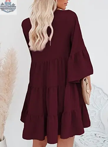 Elegant AILUNSNIKA women’s long sleeve mini dress with V-neck and flowy silhouette in solid color, perfect for stylish comfort.