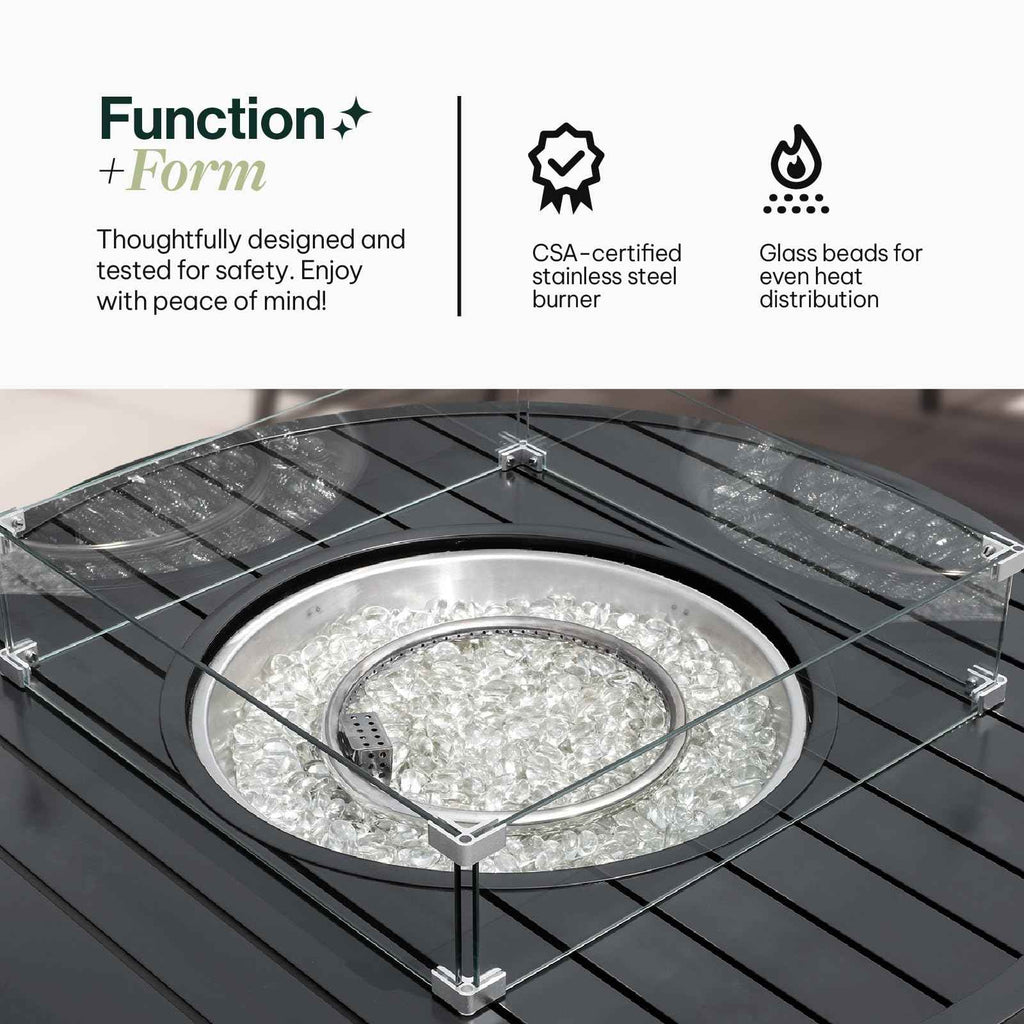 Propane FirePit Table: 50,000 BTU Aluminum Slat Top with Lid, Stainless Steel Burner, Windguard, 8KG Glass Beads, 300D PVC Cover, CSA-Listed