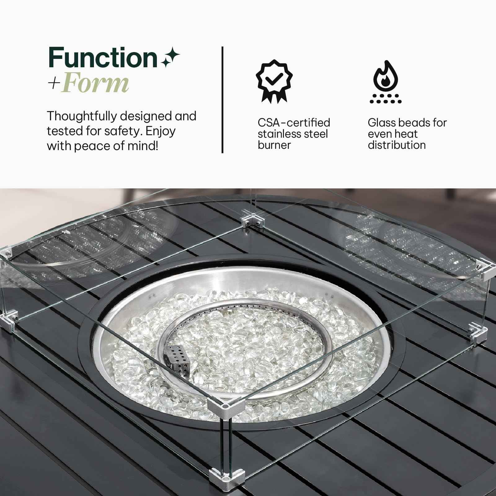Propane FirePit Table: 50,000 BTU Aluminum Slat Top with Lid, Stainless Steel Burner, Windguard, 8KG Glass Beads, 300D PVC Cover, CSA-Listed