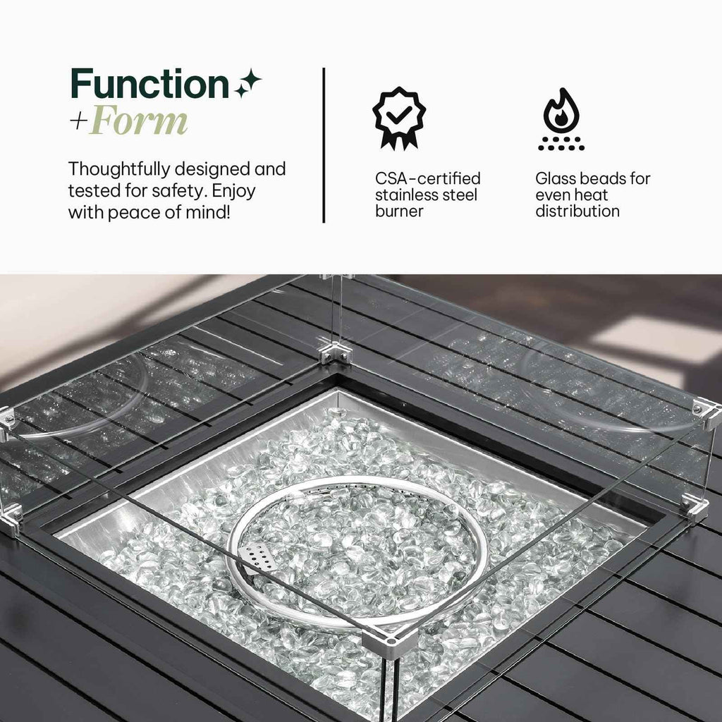 Propane FirePit Table: 50,000 BTU Aluminum Slat Top with Lid, Stainless Steel Burner, Windguard, 8KG Glass Beads, 300D PVC Cover, CSA-Listed