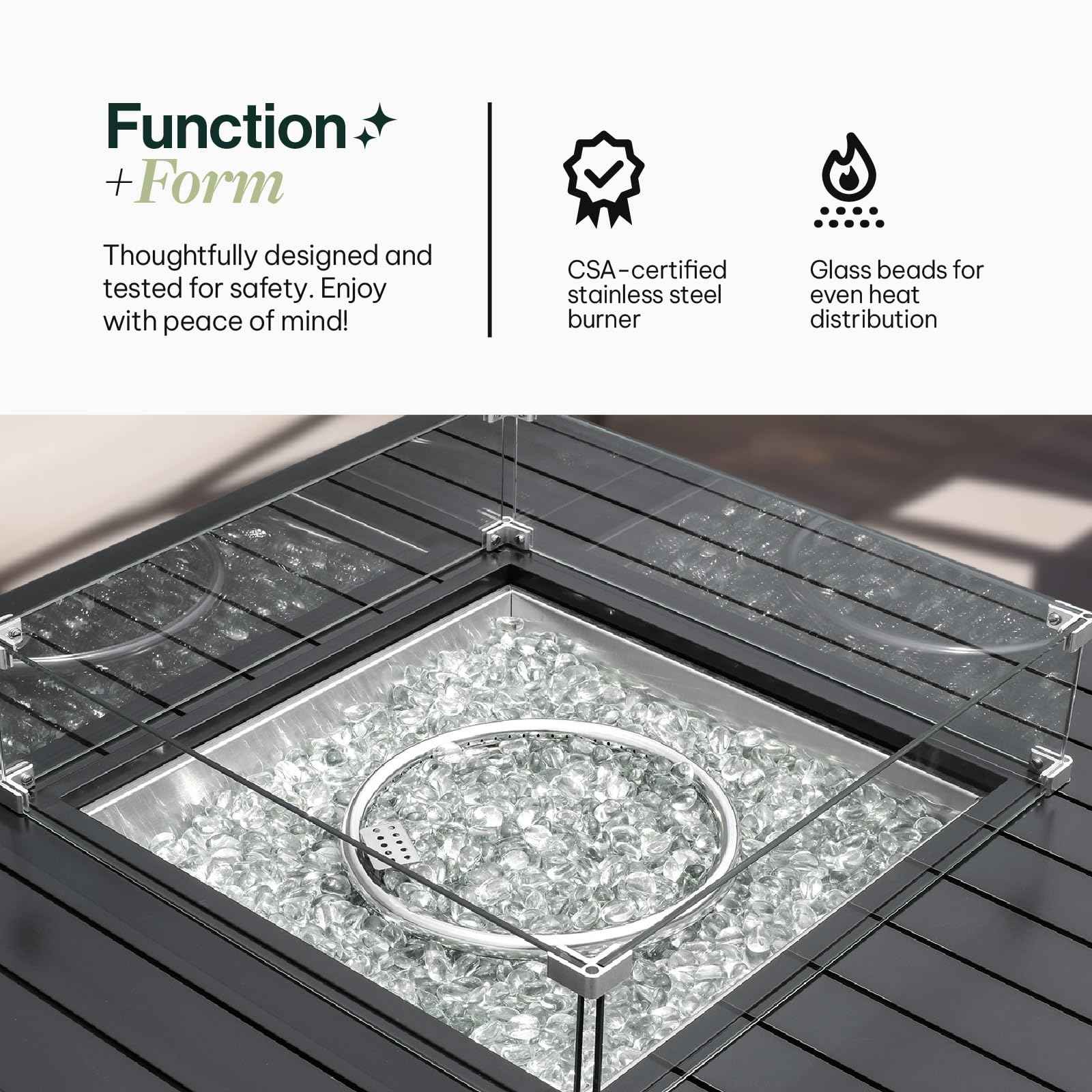 Propane FirePit Table: 50,000 BTU Aluminum Slat Top with Lid, Stainless Steel Burner, Windguard, 8KG Glass Beads, 300D PVC Cover, CSA-Listed
