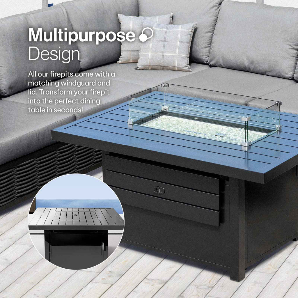 Propane FirePit Table: 50,000 BTU Aluminum Slat Top with Lid, Stainless Steel Burner, Windguard, 8KG Glass Beads, 300D PVC Cover, CSA-Listed