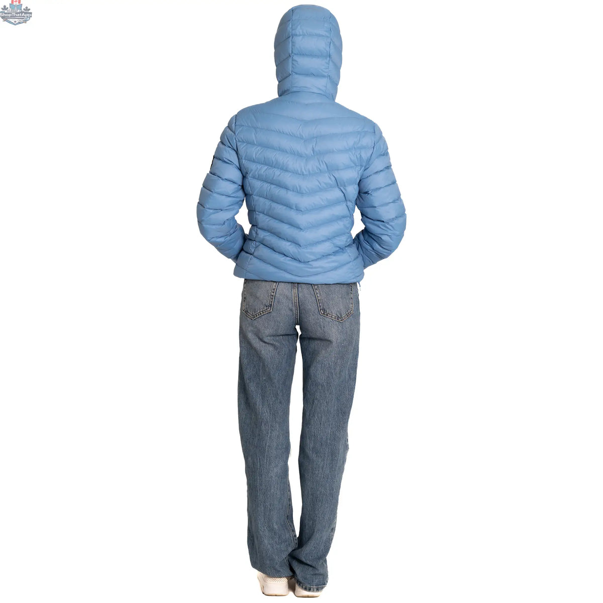 Northern Sun packable down jacket, lightweight and insulated, shown folded and ready for compact storage.
