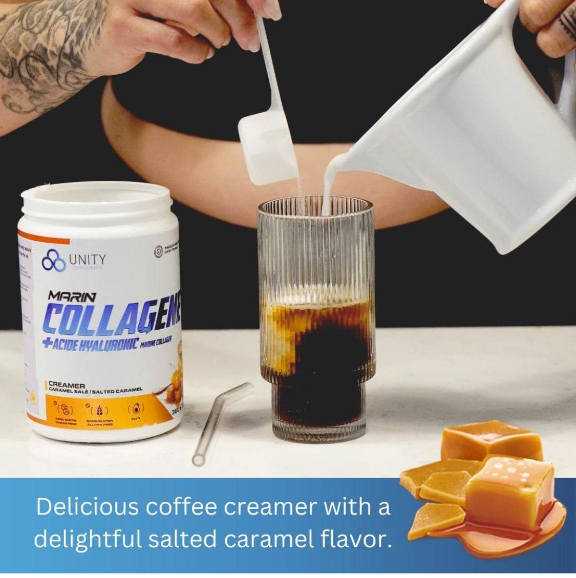 Unity Supplements Marine Collagen Powder with Hyaluronic Acid - Salted Caramel Flavored Coffee Sweetener - Www.Shopthatapp.ca