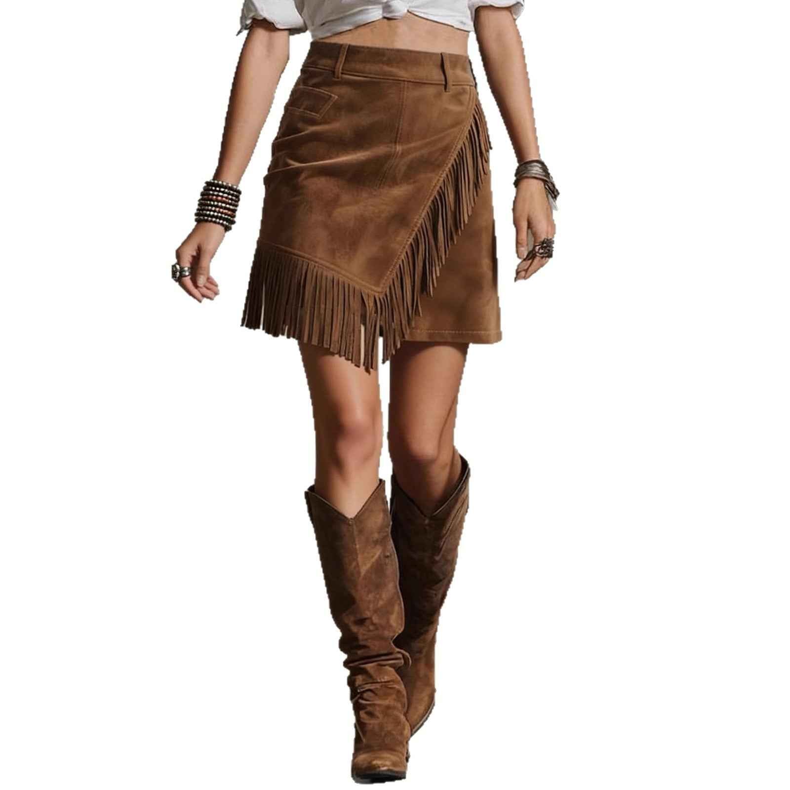 Women's Retro Western Suede Skirt - Tassel Bodycon Mini Skirt