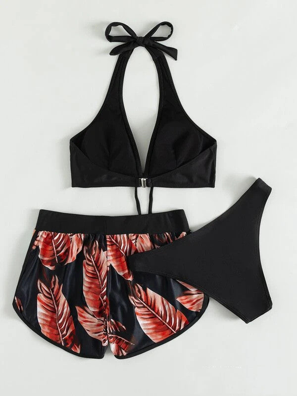 3pcs Leaf Print Bikini Swimsuit with Shorts for Women - Fashionable Summer Beach Outfit - Shopthatapp.ca