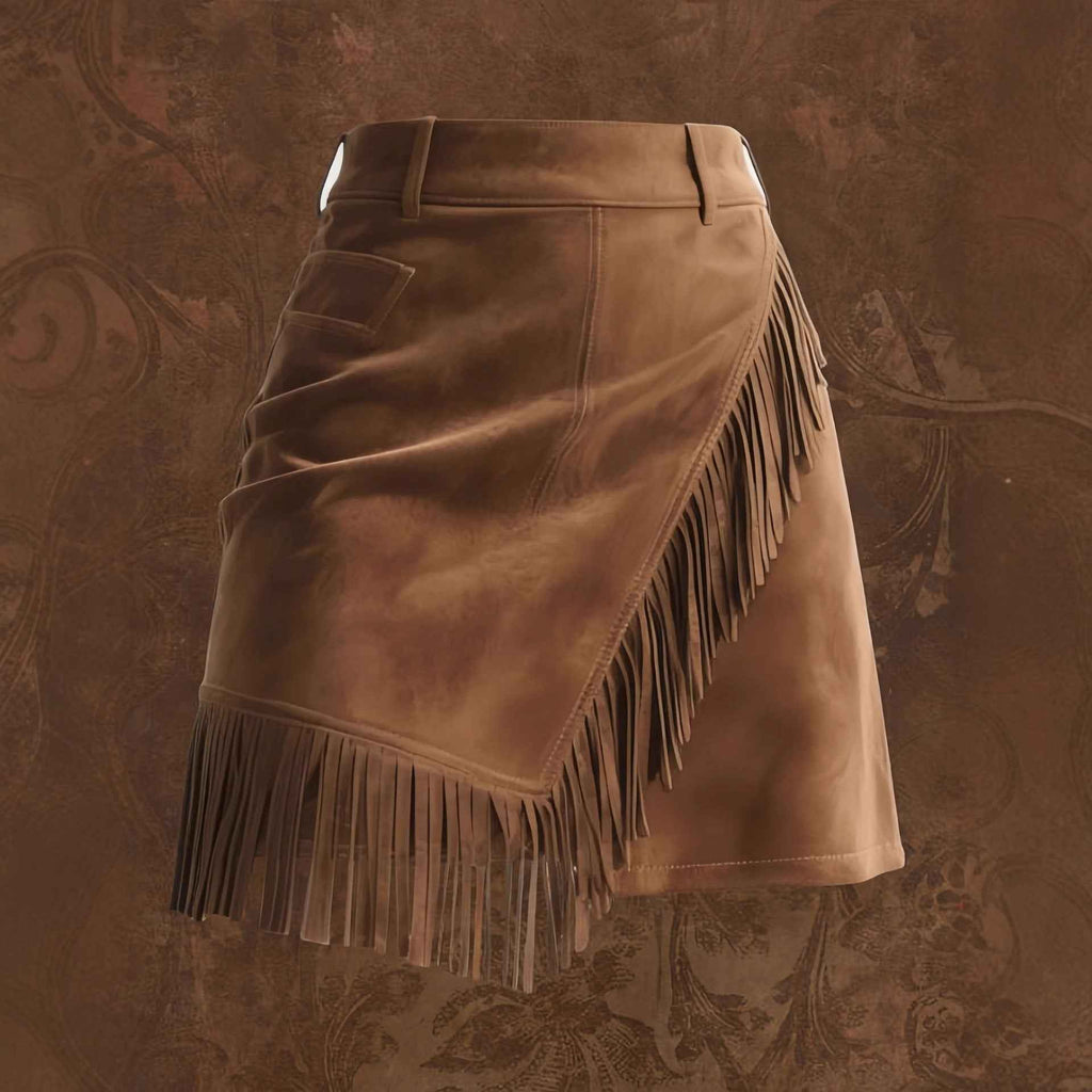 Women's Retro Western Suede Skirt - Tassel Bodycon Mini Skirt