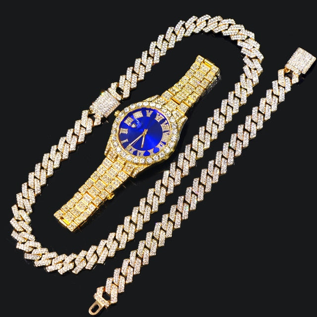Elevate Your Style with Our Gold Cuban Link Chain Bracelet and Blue Face Watch