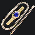 Elevate Your Style with Our Gold Cuban Link Chain Bracelet and Blue Face Watch