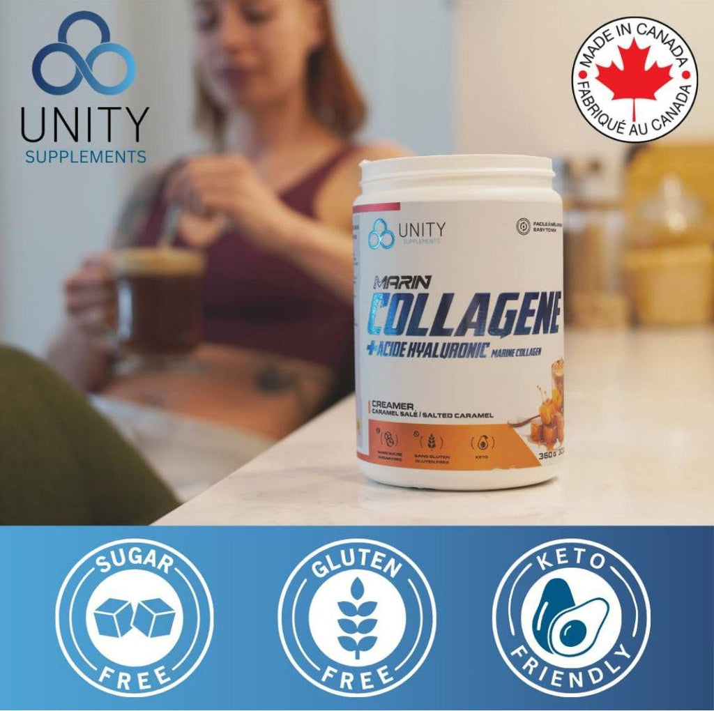 Unity Supplements Marine Collagen Powder with Hyaluronic Acid - Salted Caramel Flavored Coffee Sweetener - Www.Shopthatapp.ca