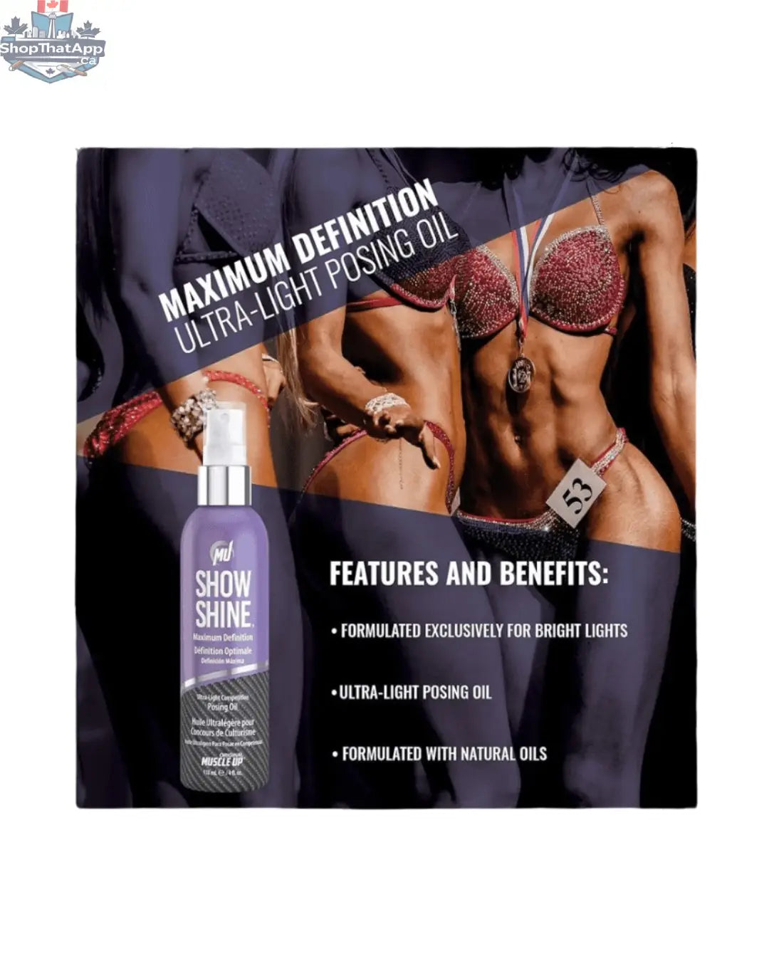 BulkBully Supplements Pro Tan Show Shine Posing Oil for competitors, showcasing a sleek bottle with shiny, reflective surface.