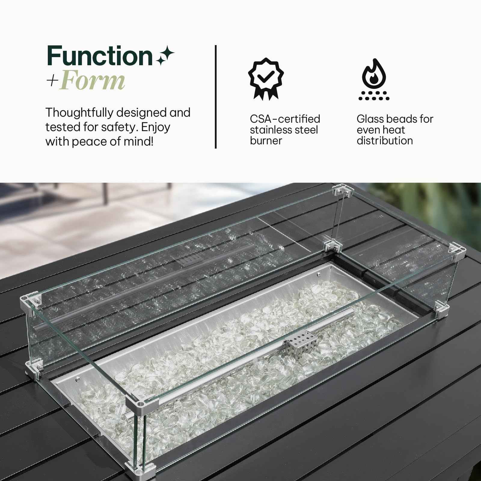 Propane FirePit Table: 50,000 BTU Aluminum Slat Top with Lid, Stainless Steel Burner, Windguard, 8KG Glass Beads, 300D PVC Cover, CSA-Listed