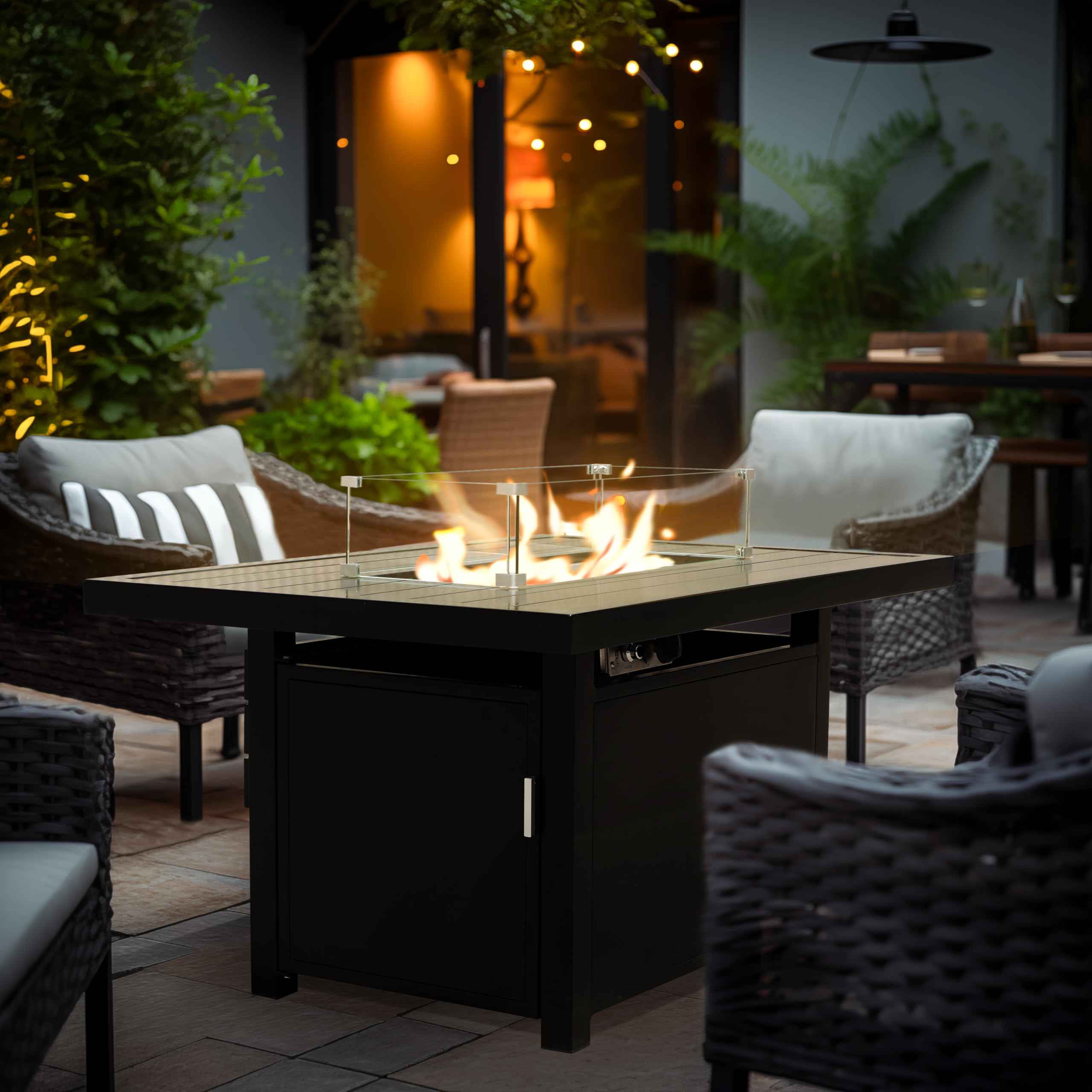 Propane FirePit Table: 50,000 BTU Aluminum Slat Top with Lid, Stainless Steel Burner, Windguard, 8KG Glass Beads, 300D PVC Cover, CSA-Listed