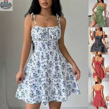 Floral Print Dress Summer Sweet A- Line Waist Trimming Dresses Women's Slimming Casual Clothing - Shopthatapp.ca