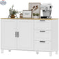 SLOTH Nation Vesper modern white sideboard with three drawers and soft-close doors, showcasing sleek cabinet design.