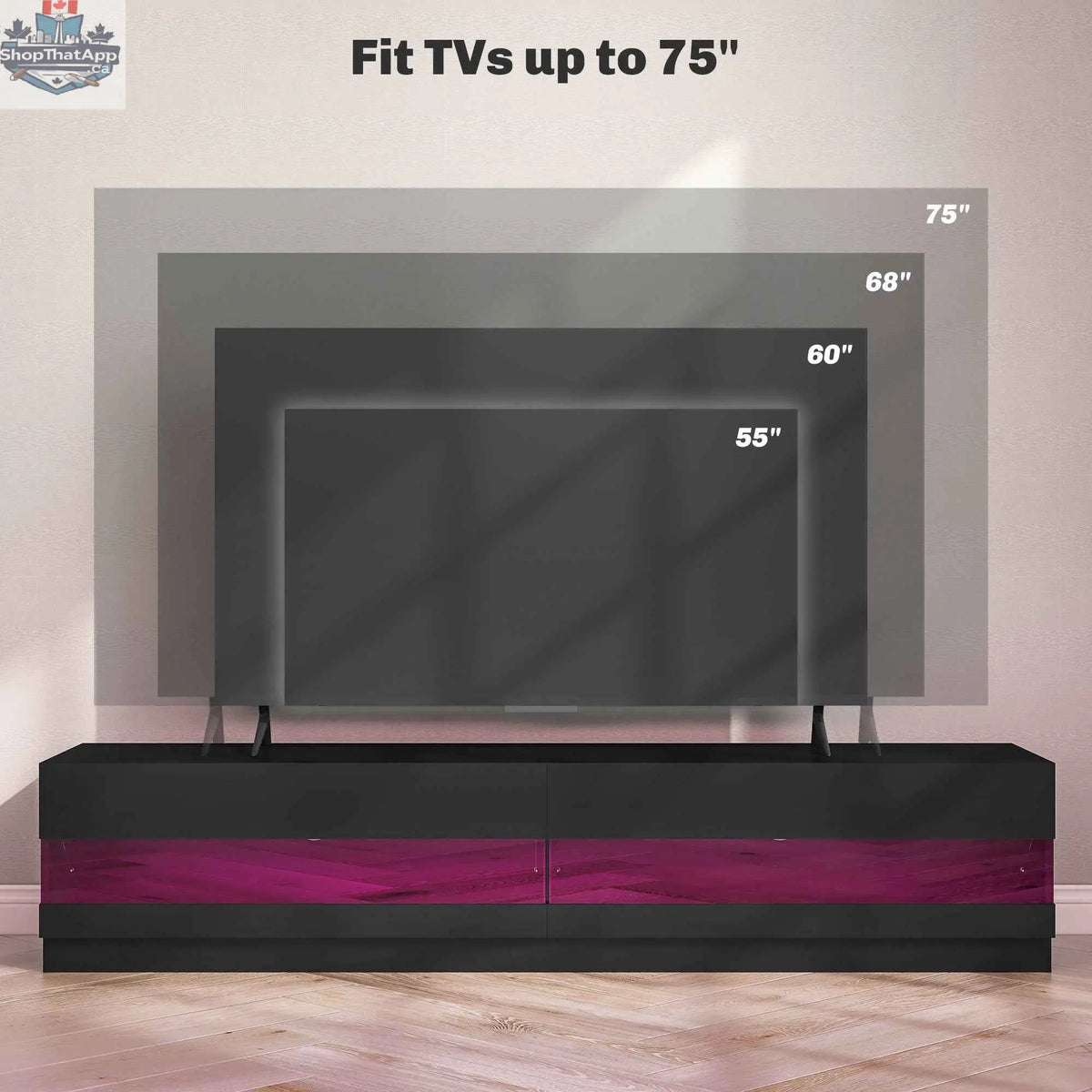 SLOTH Nation Hart lighted black TV stand for TVs up to 75 inches, modern high gloss black home entertainment furniture
