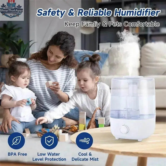 4L mechanical humidifier with low water level protection, BPA-free, by EX-STOCK Canada, shown with water reservoir and control features.