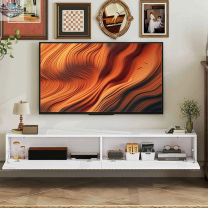 White Jesse floating TV stand by SLOTH Nation with two fluted flip-down doors for 55-inch to 72-inch TVs, modern living room furniture.