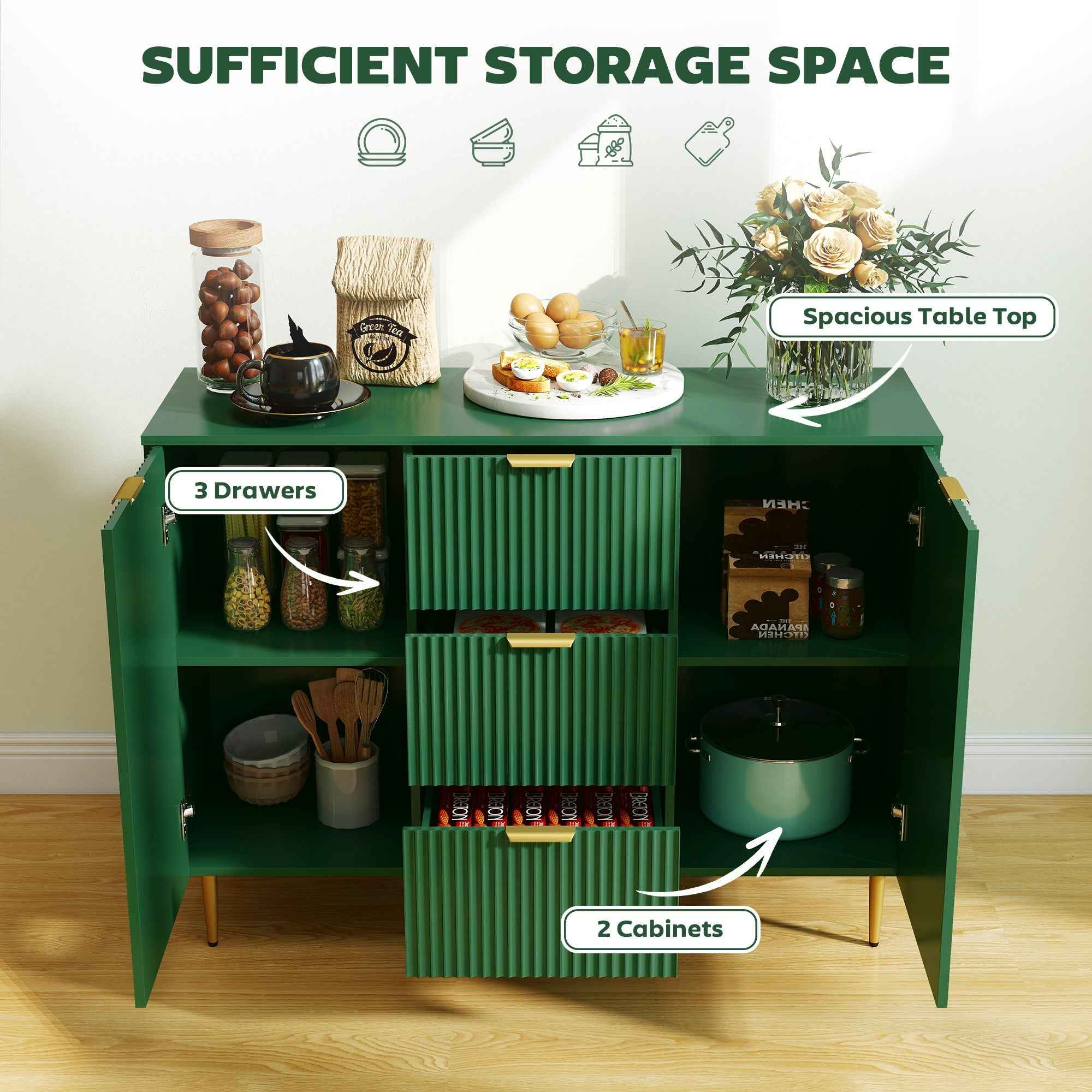 Ellis Modern Kitchen Buffet/Hallway Cabinet with 3 Drawers-Green
