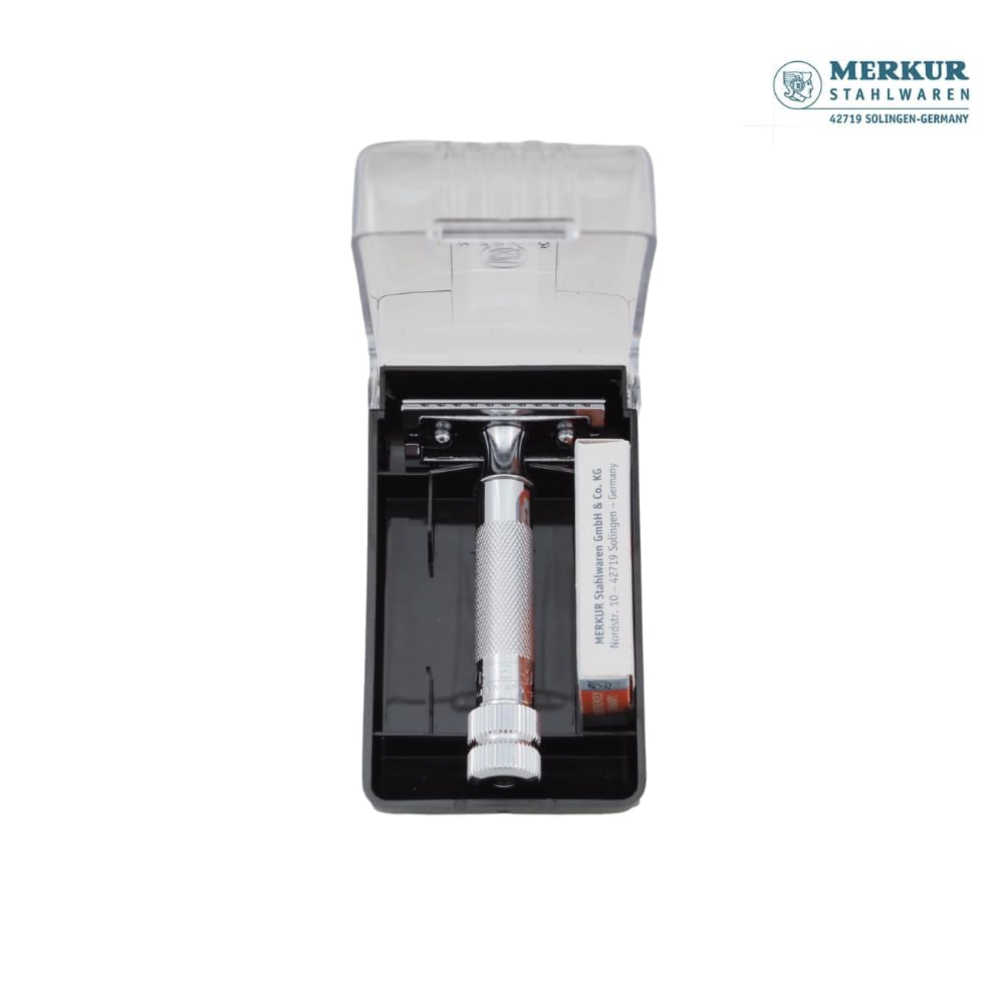 Merkur 34C Safety Razor with Knurled Extra Thick Handle in Chrome - 2-Piece DE Razor Case with 10 Blades