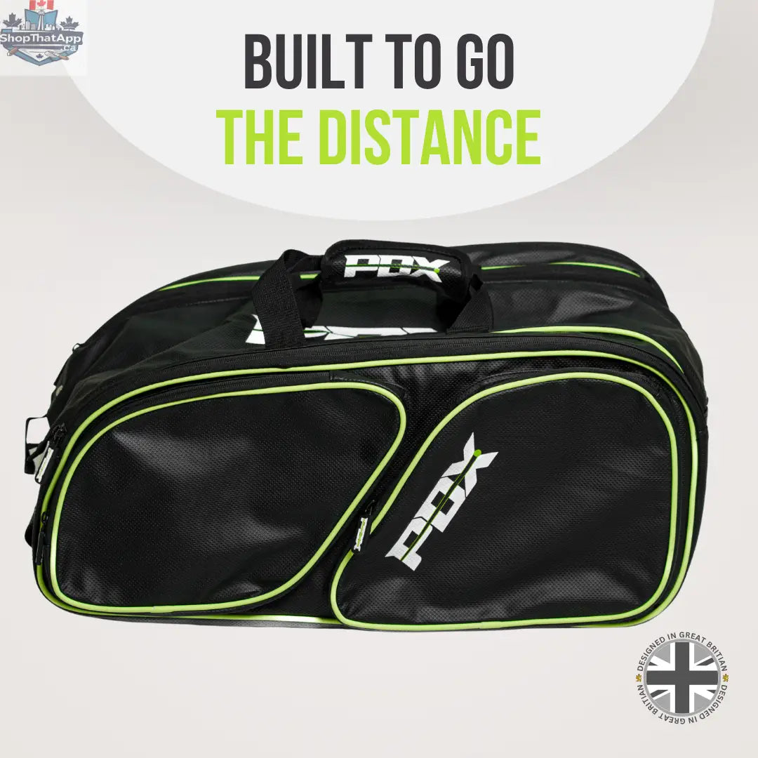 Black and green fabric PDX padel racket bag with two side pockets and top handles.