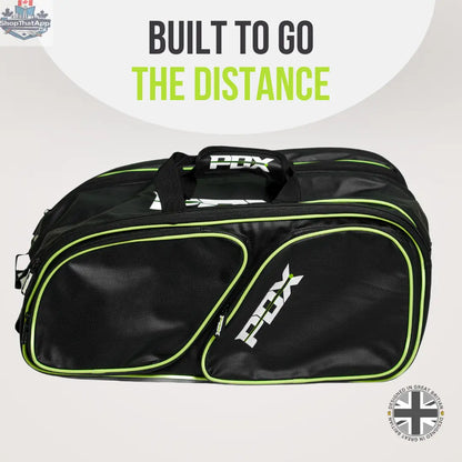 Black and green fabric PDX padel racket bag with two side pockets and top handles.