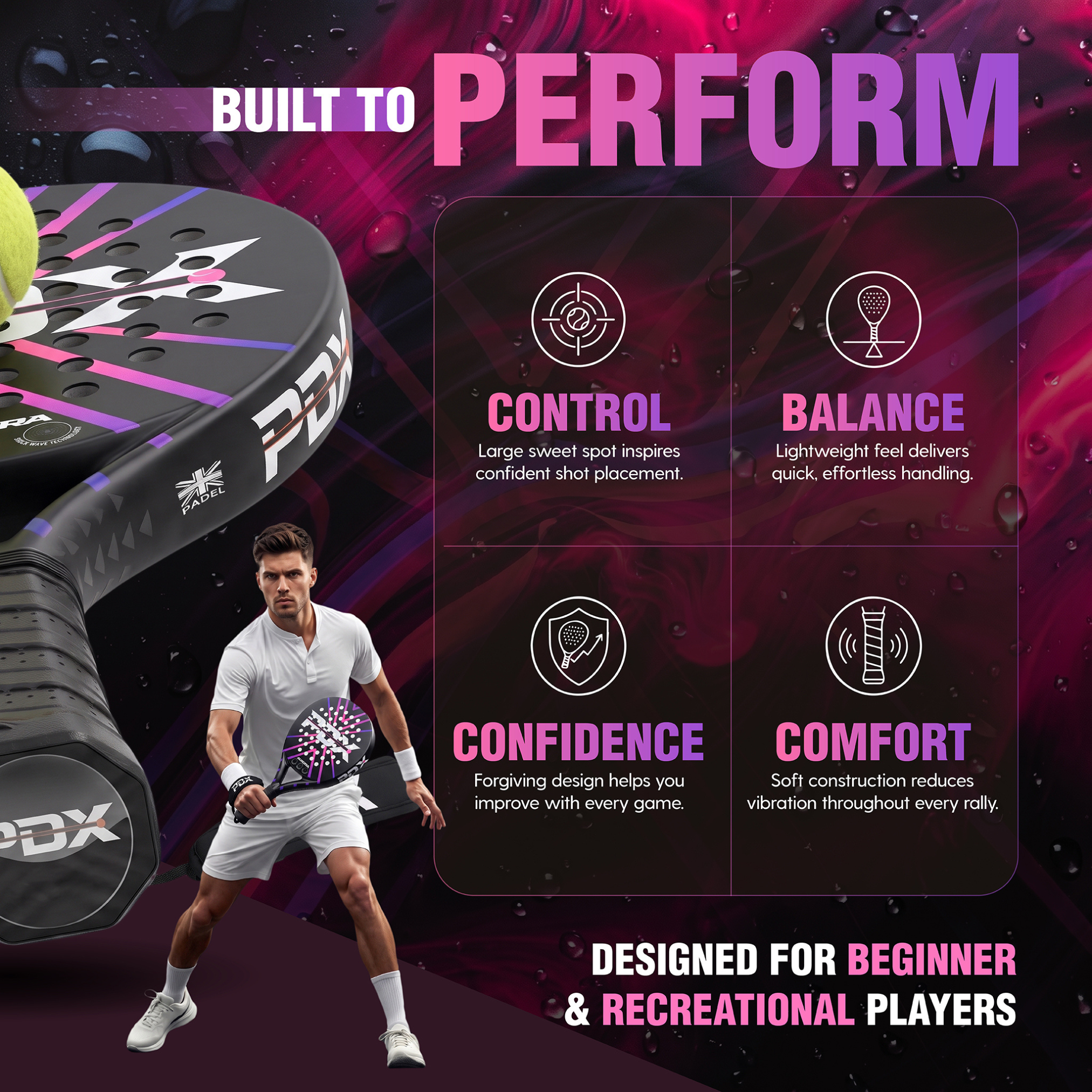 PDX Aurora Beginner Padel Racket | Complimentary Racket Carrier Bag | 30% Carbon 70% Fibreglass | 355g Round | Control