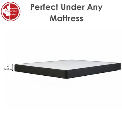 UltraFlex solid wood box spring foundation, 4-inch low profile, compatible with all mattress types, heavy-duty, no assembly required.