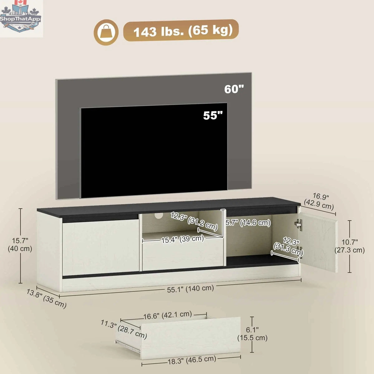 White Palmer TV stand for 55-65 inch TVs by SLOTH Nation, modern living room furniture with storage compartments.