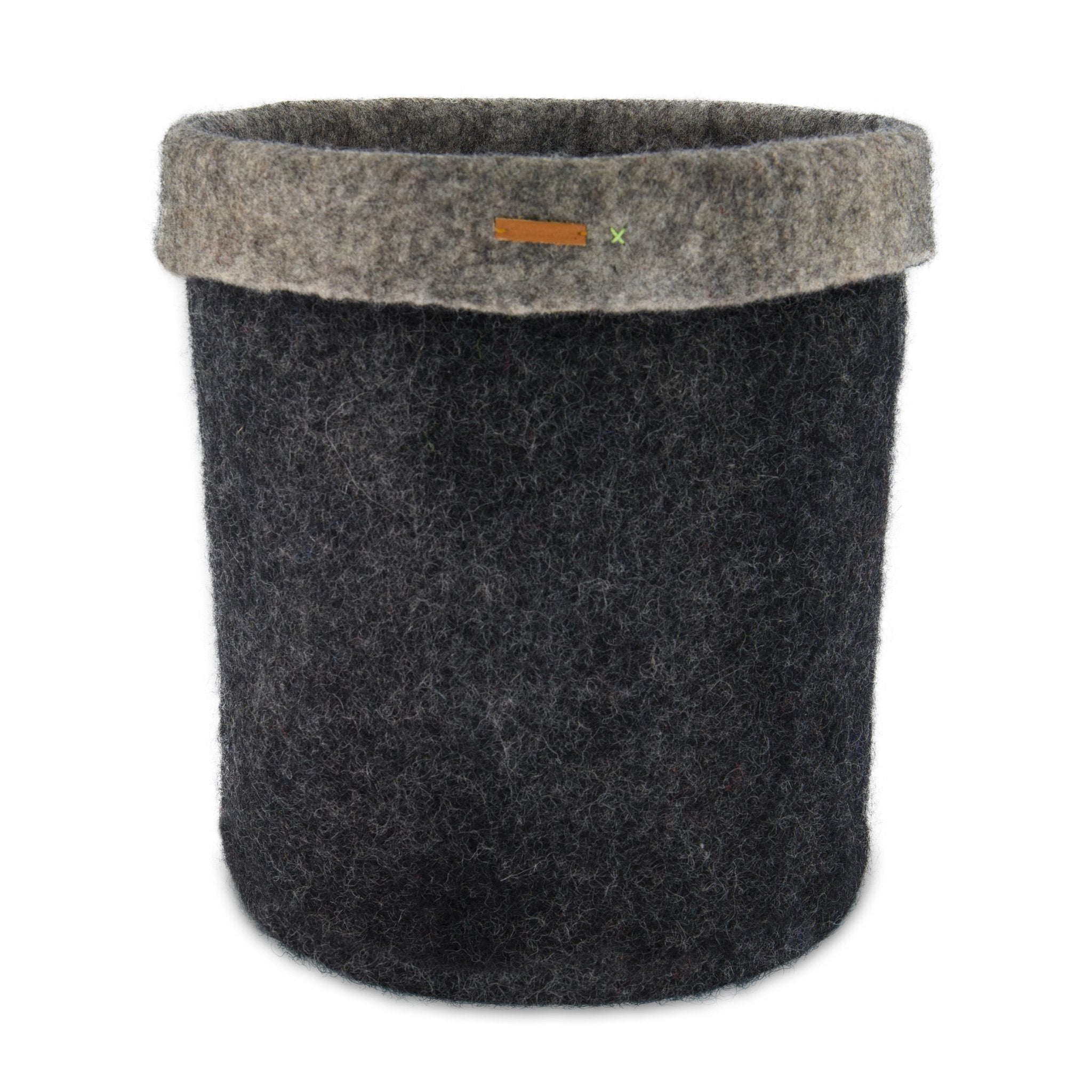 Black Felt Storage Basket - Hand-Felted New Zealand Wool, Two-Tone Black/Grey