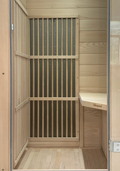 Zoppinh Blisspod Vienna infrared sauna for one with Canadian Hemlock wood, low EMF, measuring 72.8 inches tall, 35.4 inches wide