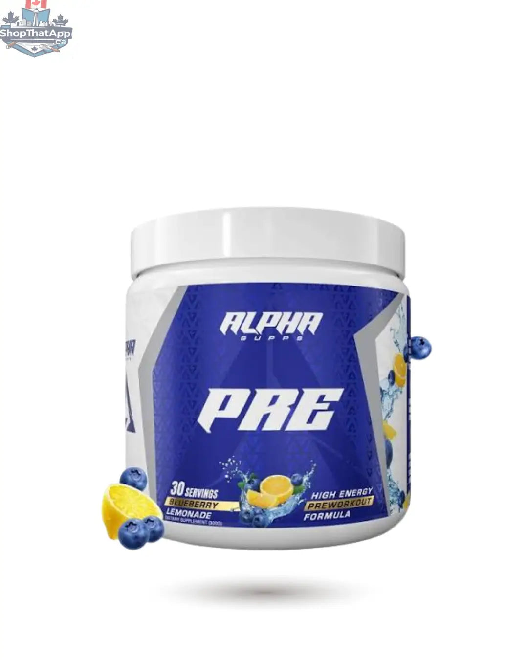 Container of BulkBully Supplements Alpha Supps Pre-Workout powder in a black jar with a white label, showing product branding and packaging.