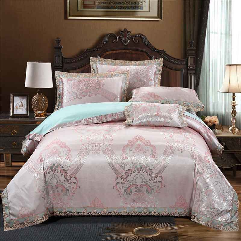 Jacquard Cotton Four‑Piece Luxury Bedding Set – Pure Cotton Duvet Cover &amp; Silk‑Satin Finish Bed Sheet