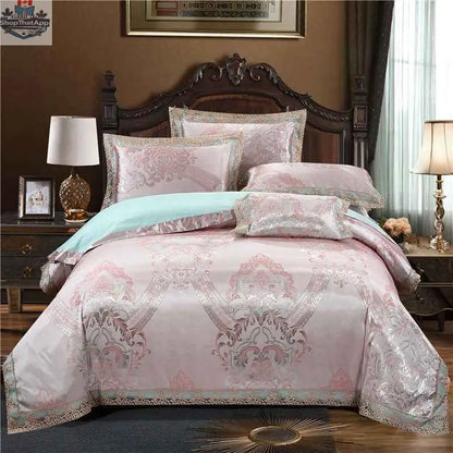Luxury Jacquard cotton bedding set by SLOTH Nation, includes duvet cover and silk-satin finish bed sheet in elegant design.