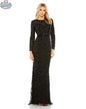 Black beaded evening gown with long sleeves by Elegant Threads, featuring intricate beadwork for elegant night events.