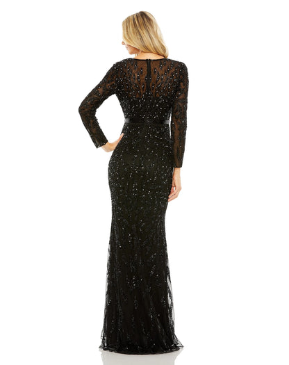 Black beaded evening gown with long sleeves by Elegant Threads, perfect for elegant night events.